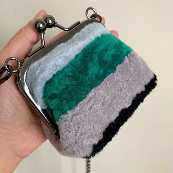 Handmade Real Shearling Colorblock Kisslock Small Clutch/Coin Pouch/Crossbody - Picture 6 of 11